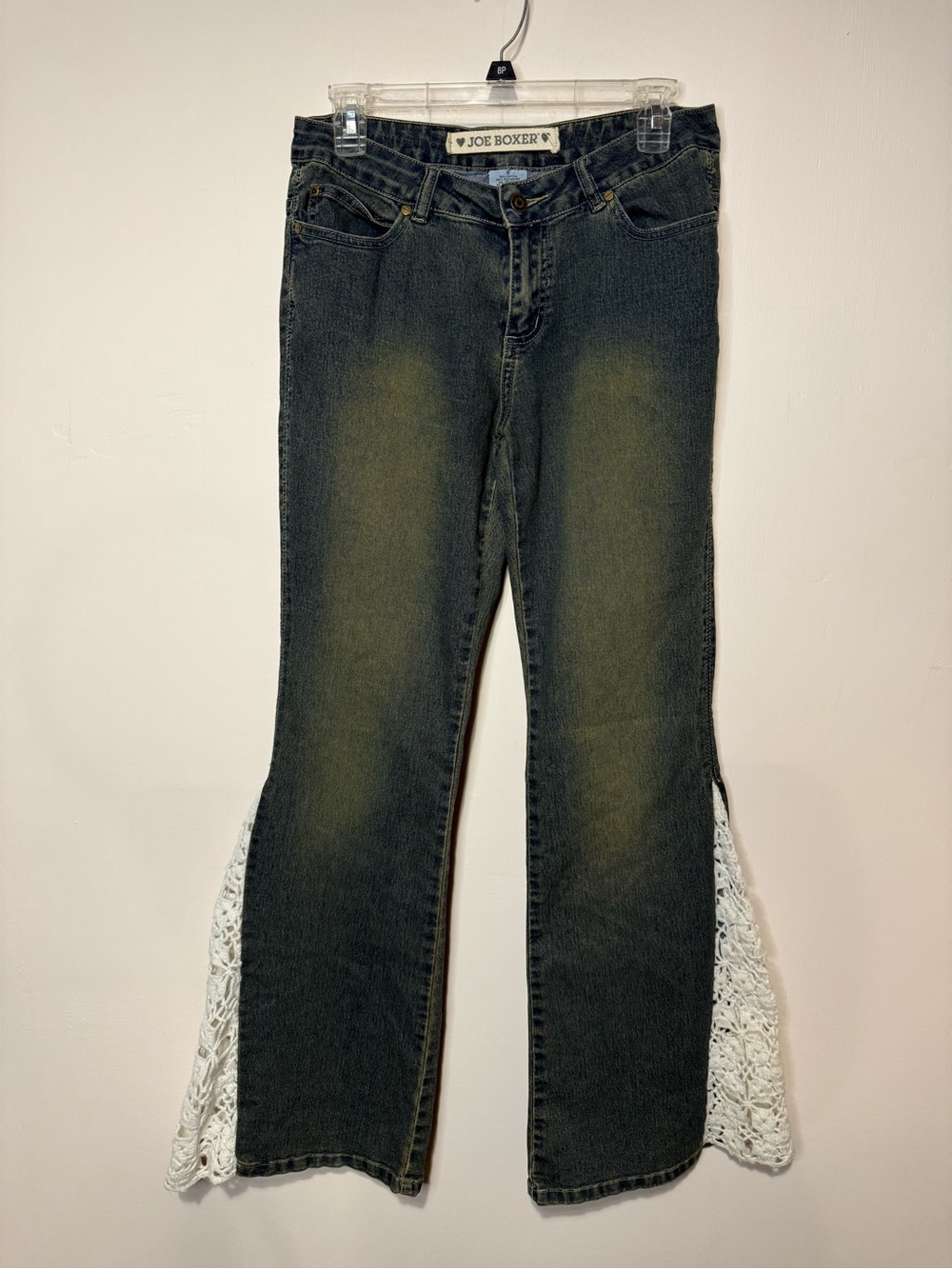 Joe Boxer Y2K Low Rise Flare Jeans Crochet Lace Insert Boho Dark Wash Size 5